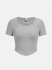 GREY SQUARE NECK CRISSCROSS FRONT V-WAIST SHORT SLEEVE T-SHIRT