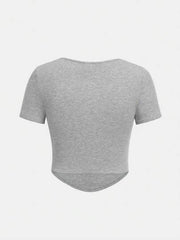 GREY SQUARE NECK CRISSCROSS FRONT V-WAIST SHORT SLEEVE T-SHIRT