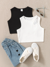 BLACK AND WHITE 2PCS TEEN GIRLS'HOLLOW OUT SHOULDER TANK TOP