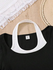 BLACK TEEN GIRLS' KNITTED COLOR BLOCK MOCK NECK CASUAL TOP