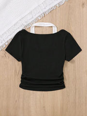 BLACK TEEN GIRLS' KNITTED COLOR BLOCK MOCK NECK CASUAL TOP