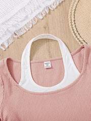 DUSTY PINK TEEN GIRLS' KNITTED COLOR BLOCK MOCK NECK CASUAL TOP