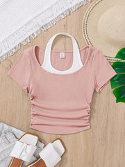 DUSTY PINK TEEN GIRLS' KNITTED COLOR BLOCK MOCK NECK CASUAL TOP