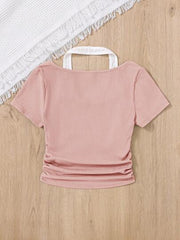 DUSTY PINK TEEN GIRLS' KNITTED COLOR BLOCK MOCK NECK CASUAL TOP