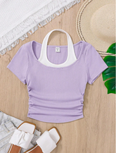 LILAC TEEN GIRLS' KNITTED COLOR BLOCK MOCK NECK CASUAL TOP