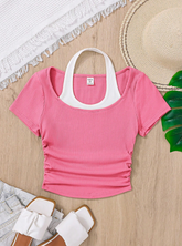 PINK TEEN GIRLS' KNITTED COLOR BLOCK MOCK NECK CASUAL TOP