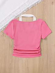 PINK TEEN GIRLS' KNITTED COLOR BLOCK MOCK NECK CASUAL TOP