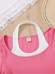 PINK TEEN GIRLS' KNITTED COLOR BLOCK MOCK NECK CASUAL TOP