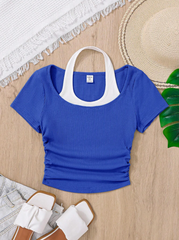 ROYAL BLUE TEEN GIRLS' KNITTED COLOR BLOCK MOCK NECK CASUAL TOP