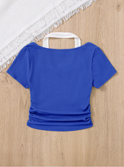 ROYAL BLUE TEEN GIRLS' KNITTED COLOR BLOCK MOCK NECK CASUAL TOP