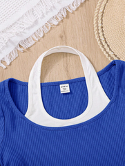 ROYAL BLUE TEEN GIRLS' KNITTED COLOR BLOCK MOCK NECK CASUAL TOP
