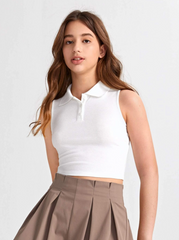 WHITE TEEN GIRLS BUTTON HALF PLACKET RIB-KNIT CROP TANK TOP