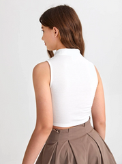 WHITE TEEN GIRLS BUTTON HALF PLACKET RIB-KNIT CROP TANK TOP