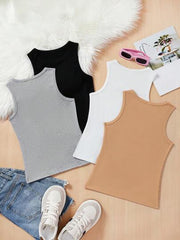 4PCS MULTICOLOR KNITTED SOLID COLOR SLIM FIT SLEEVELESS TANK TOP