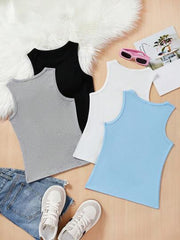 4PCS MULTICOLOR KNITTED SOLID COLOR SLIM FIT SLEEVELESS TANK TOP