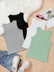4PCS MULTICOLOR KNITTED SOLID COLOR SLIM FIT SLEEVELESS TANK TOP