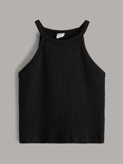 BLACK RIBBED KNIT SOLID HALTER TOP