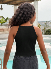 BLACK RIBBED KNIT SOLID HALTER TOP