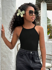 BLACK RIBBED KNIT SOLID HALTER TOP