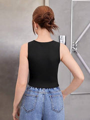 BLACK HOLLOW OUT CASUAL TANK TOP WITH RIBBED TRIM