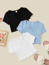 TWEEN GIRL 3PCS LETTUCE TRIM RIB KNIT TEE