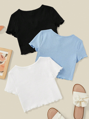 TWEEN GIRL 3PCS LETTUCE TRIM RIB KNIT TEE