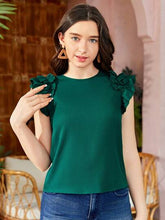 FOREST GREEN RUFFLE SLEEVE KEYHOLE BACK BLOUSE
