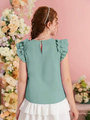 MINT RUFFLE SLEEVE KEYHOLE BACK BLOUSE