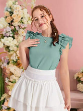 MINT RUFFLE SLEEVE KEYHOLE BACK BLOUSE