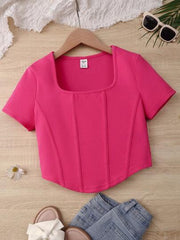 HOT PINK TEEN GIRLS' ELEGANT SHORT SLEEVE T-SHIRT