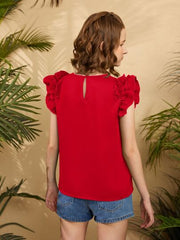 RED RUFFLE SLEEVE KEYHOLE BACK BLOUSE
