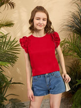RED RUFFLE SLEEVE KEYHOLE BACK BLOUSE