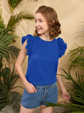 ROYAL BLUE RUFFLE SLEEVE KEYHOLE BACK BLOUSE