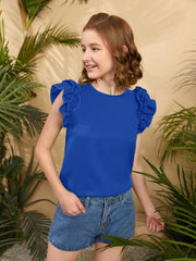 ROYAL BLUE RUFFLE SLEEVE KEYHOLE BACK BLOUSE