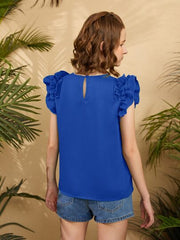 ROYAL BLUE RUFFLE SLEEVE KEYHOLE BACK BLOUSE