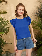 ROYAL BLUE RUFFLE SLEEVE KEYHOLE BACK BLOUSE