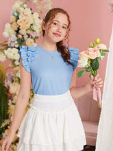 SKY BLUE RUFFLE SLEEVE KEYHOLE BACK BLOUSE