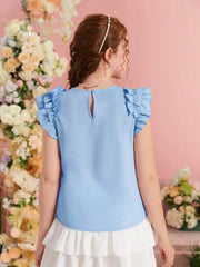 SKY BLUE RUFFLE SLEEVE KEYHOLE BACK BLOUSE