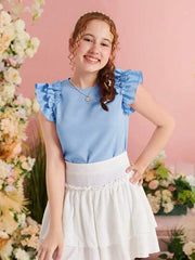 SKY BLUE RUFFLE SLEEVE KEYHOLE BACK BLOUSE