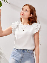 WHITE RUFFLE SLEEVE KEYHOLE BACK BLOUSE