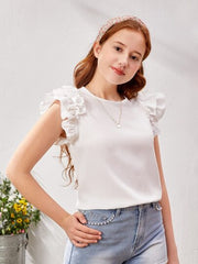 WHITE RUFFLE SLEEVE KEYHOLE BACK BLOUSE