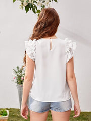 WHITE RUFFLE SLEEVE KEYHOLE BACK BLOUSE