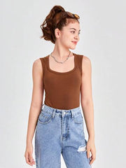 COFFEE BROWN LEISURE SQUARE NECK TANK TOP