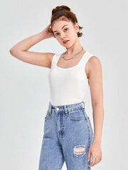 WHITE LEISURE SQUARE NECK TANK TOP
