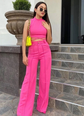HOT PINK MOCK NECK CRISSCROSS TIE BACK TANK TOP & SEAM DETAIL TROUSERS