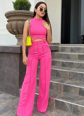 HOT PINK MOCK NECK CRISSCROSS TIE BACK TANK TOP & SEAM DETAIL TROUSERS