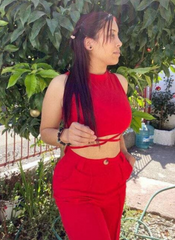 RED MOCK NECK CRISSCROSS TIE BACK TANK TOP & SEAM DETAIL TROUSERS