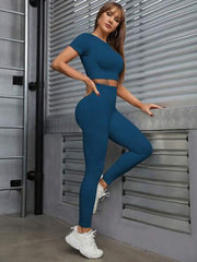 SEAMLESS HIGH STRETCH SPORTS TEE & LEGGINGS GYM CLOTHES