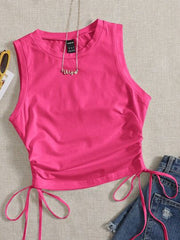 HOT PINK DRAWSTRING RUCHED SIDE CROP TANK TOP