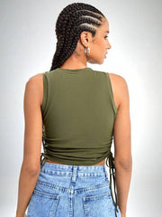 OLIVE DRAWSTRING RUCHED SIDE CROP TANK TOP